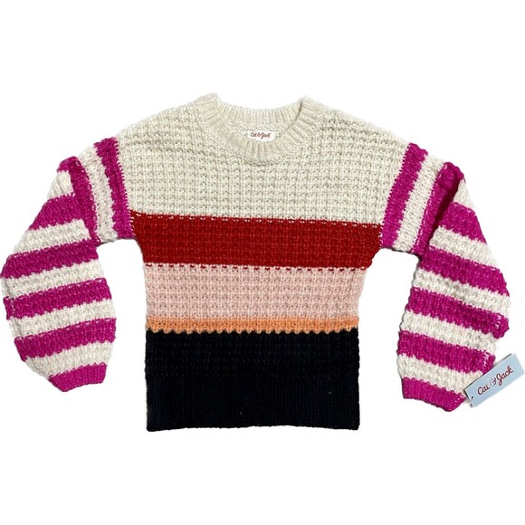 Cat & Jack Girls' Pink Striped Colorblock Rib Knit Pullover Sweater Top New M - Picture 2 of 4